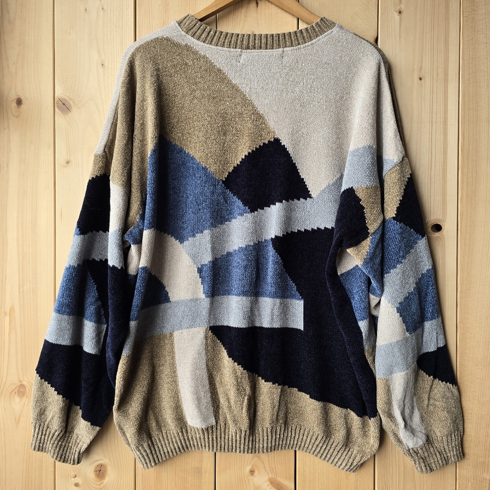 Vintage Tundra Canada Soft Knit Crewneck Sweater Colorblock Tan Blue Womens XL - Picture 6 of 11
